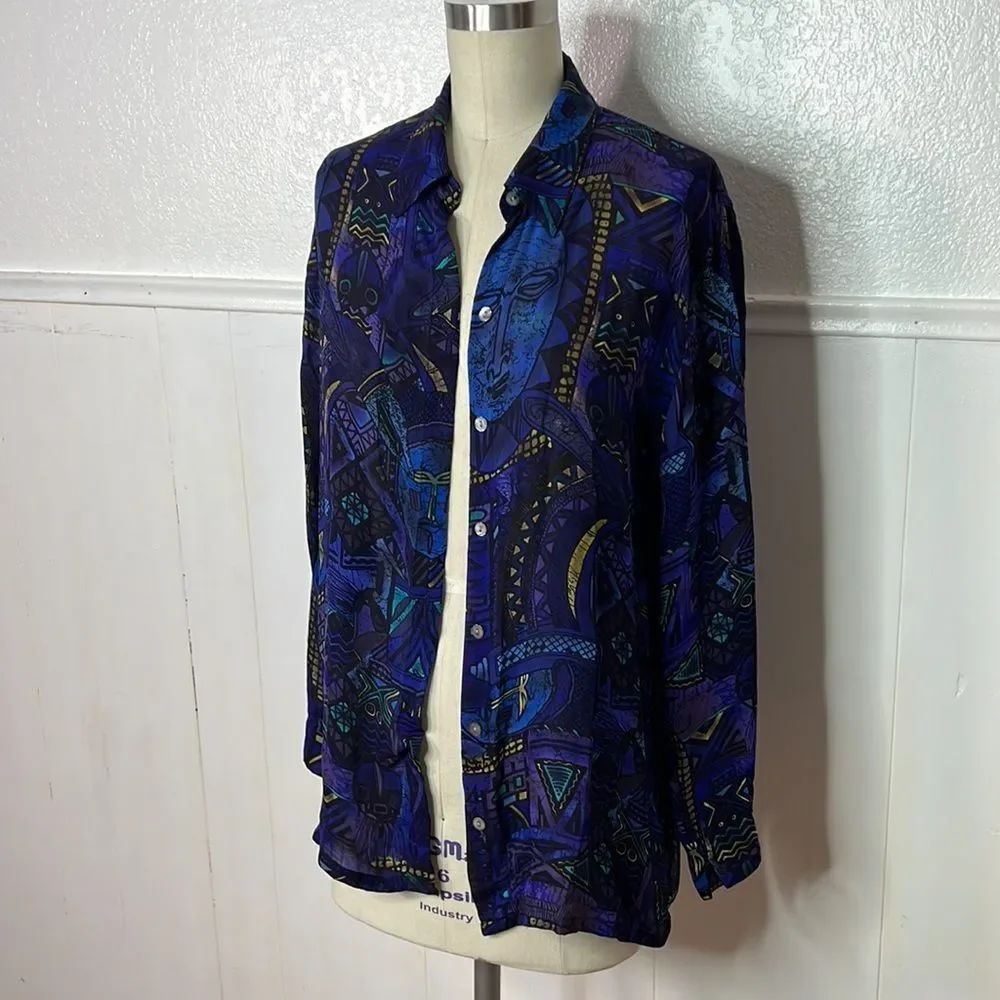 Vintage Y2K CHICOS ethnic print African mask silk summer swim coverup button